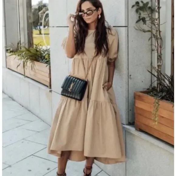 ZARA Cotton Puffed Sleeve Cotton Tiered Ruffle Blush Maxi Dress Size Medium - Picture 7 of 7